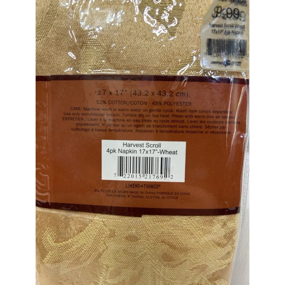 Vintage Harvest Scroll Damask Napkins Wheat 4-Pack 17x17 Cotton/Poly